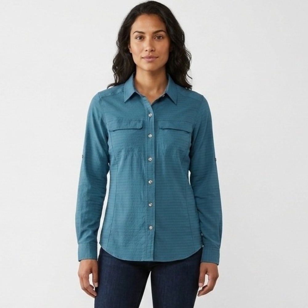 ExOfficio Womens Teal Blue Grid Textured Roll Tab Hiking Travel Shirt Size XS